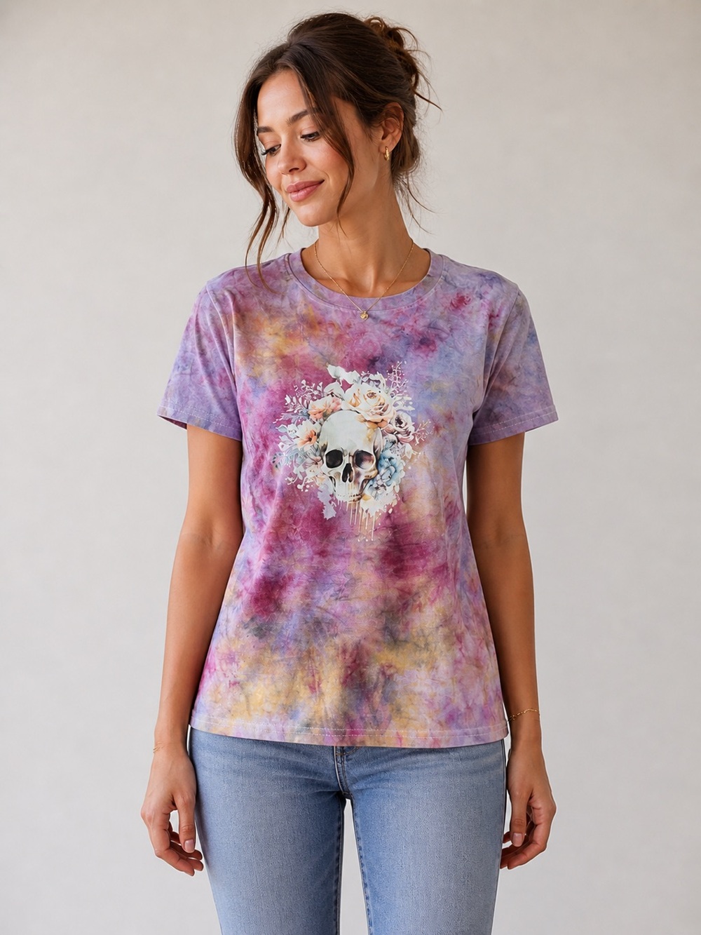 Gildan Ice Dyed Floral Skull Tshirt Small